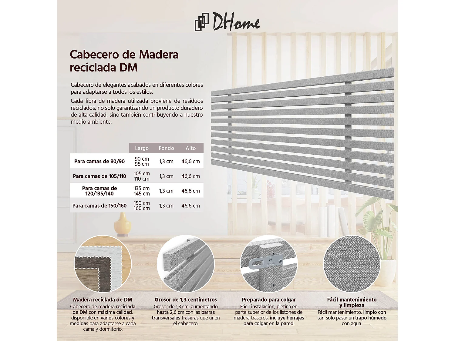 DHOME Tête de lit en bois recyclé DM style palette verticale 145x46cm Lit 145 - Chêne Amazonas