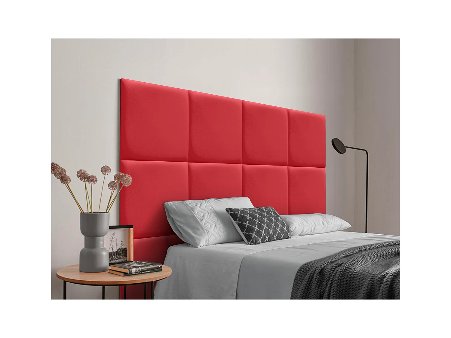 DHOME Tête de lit capitonnée en similicuir de qualité supérieure composée de panneaux autocollants interchangeables  (rouge, 145 cm)