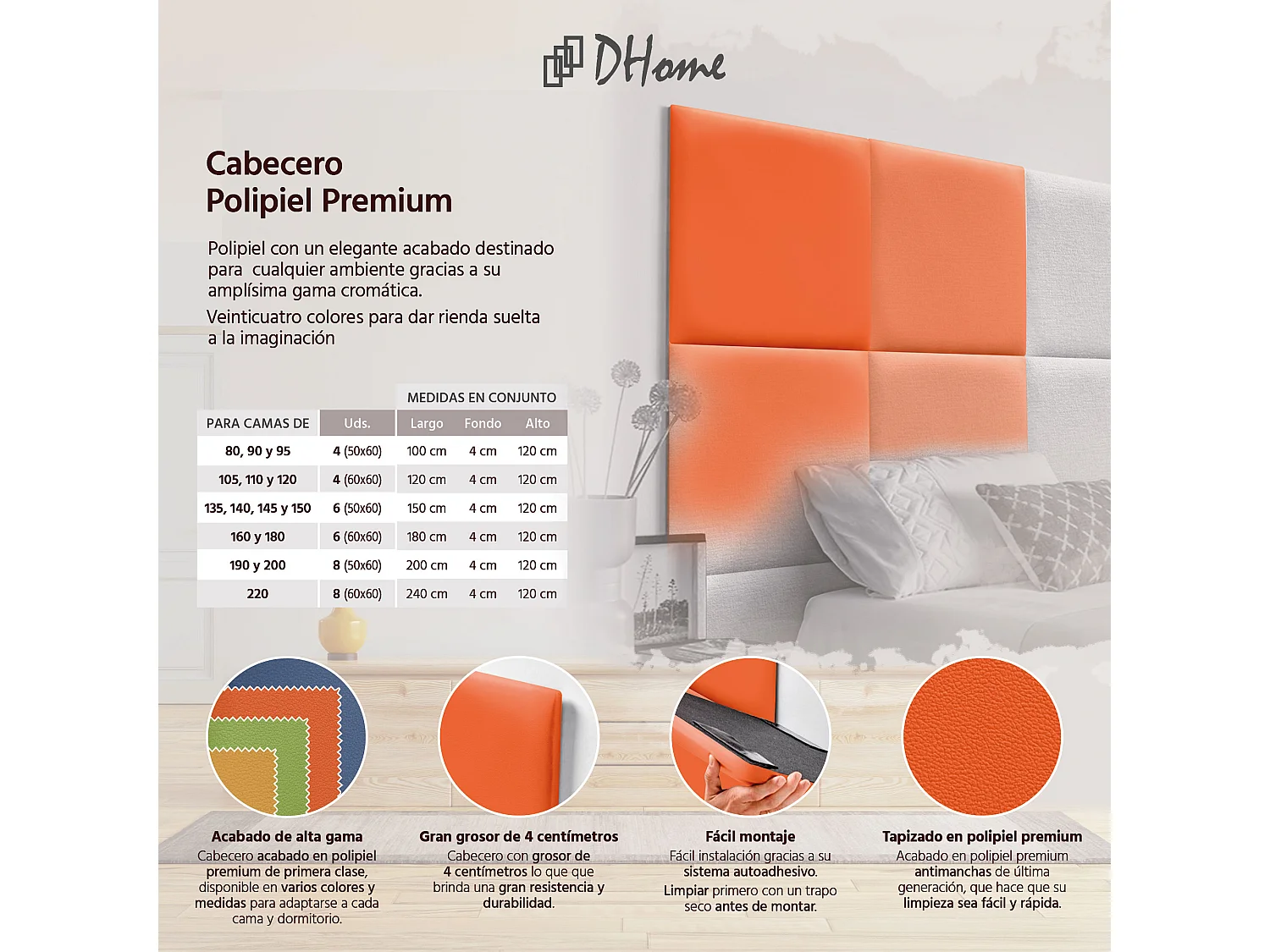 DHOME Premium-Kopfteil mit Kunstlederbezug, aus austauschbaren, selbstklebenden Paneelen, luxuriös gepolstertes Schlafzimmer (Orange, 80 cm)