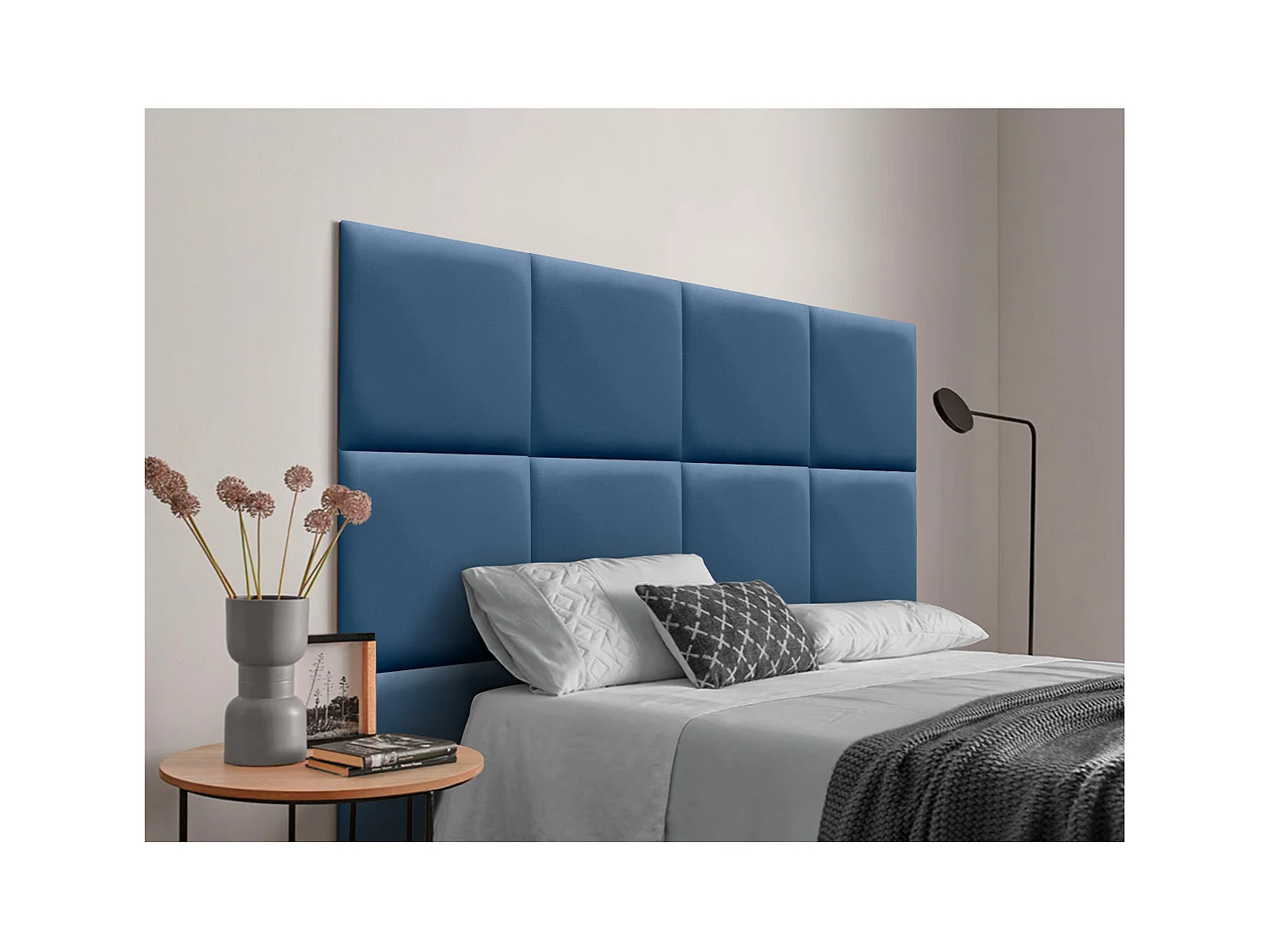 DHOME Tête de lit capitonnée en similicuir de qualité supérieure composée de panneaux autocollants interchangeables  (bleu, 145 cm)
