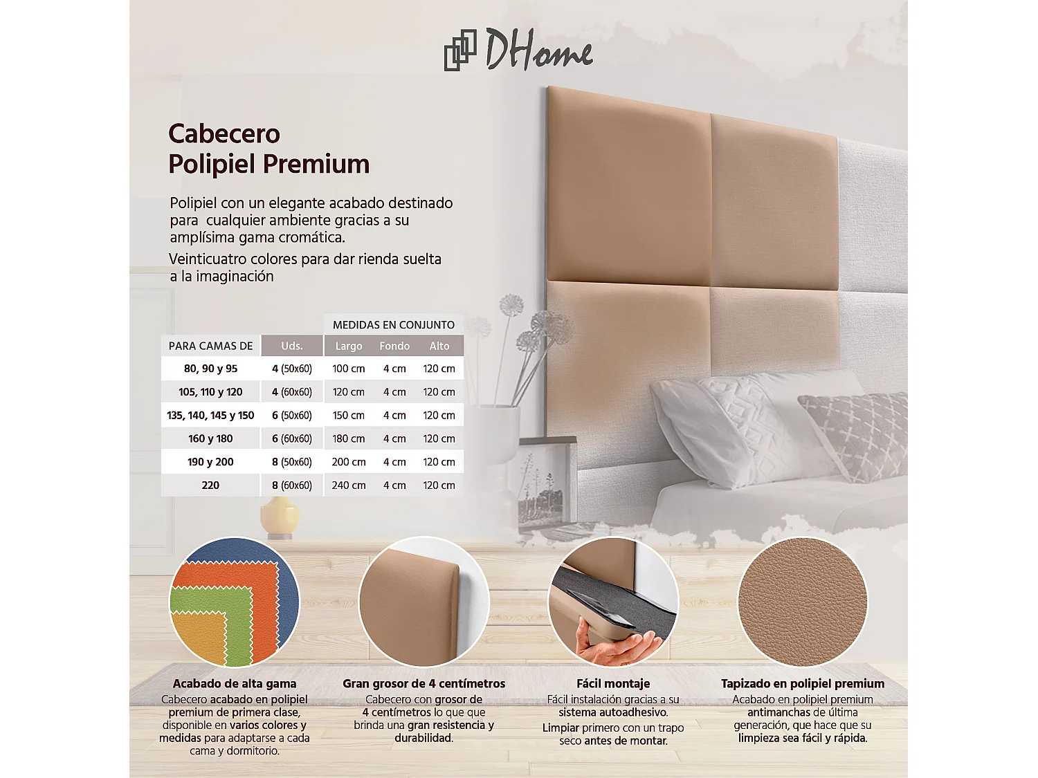 DHOME Premium-Kopfteil mit Kunstlederbezug, aus austauschbaren, selbstklebenden Paneelen, luxuriös gepolstertes Schlafzimmer (Hellbraun, 220 cm)