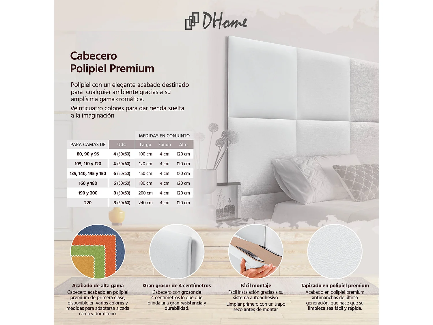 DHOME Premium-Kopfteil mit Kunstlederbezug, aus austauschbaren, selbstklebenden Paneelen, luxuriös gepolstertes Schlafzimmer (weiß, 180 cm)