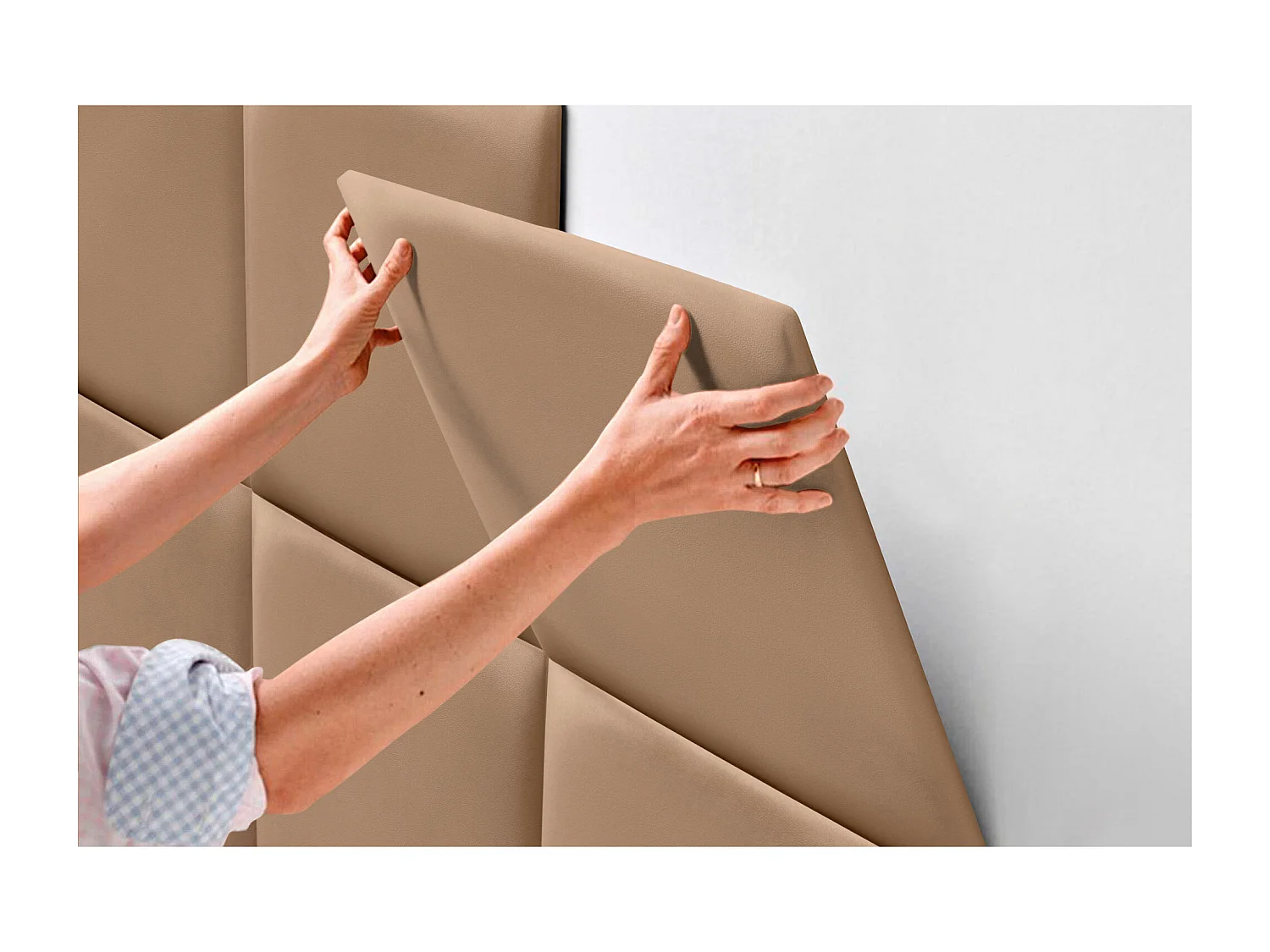 DHOME Premium-Kopfteil mit Kunstlederbezug, aus austauschbaren, selbstklebenden Paneelen, luxuriös gepolstertes Schlafzimmer (Hellbraun, 180 cm)