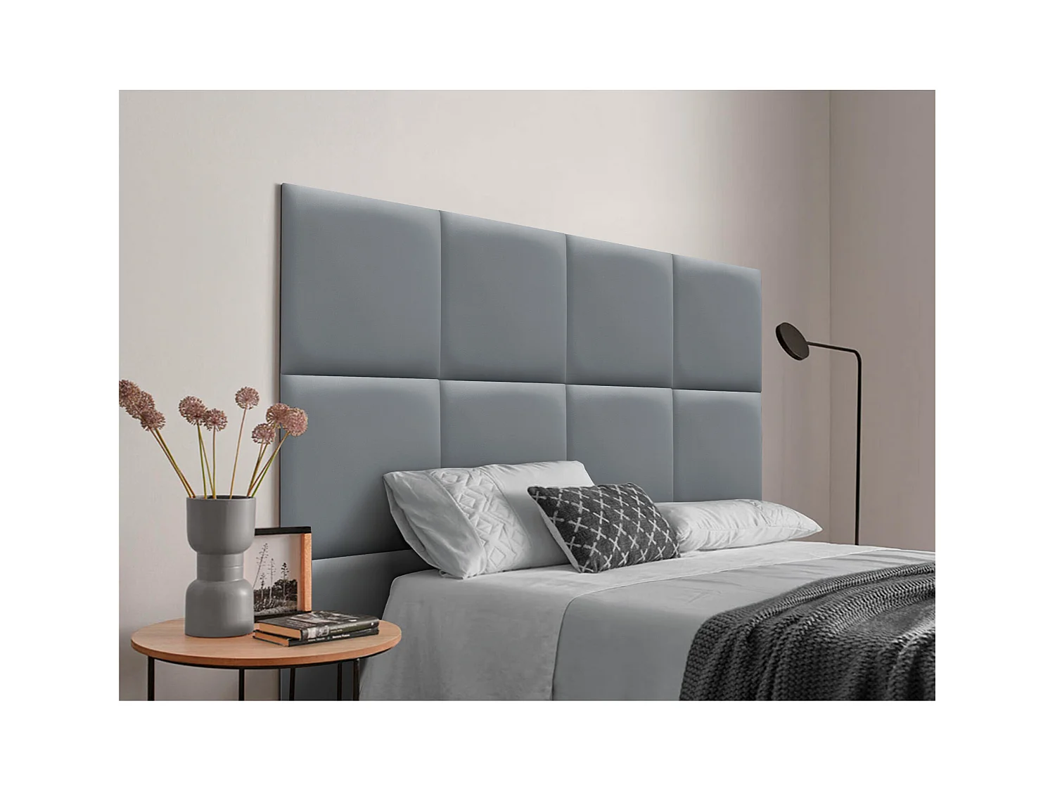 DHOME Tête de lit capitonnée en similicuir de qualité supérieure composée de panneaux autocollants interchangeables  (gris, 145 cm)