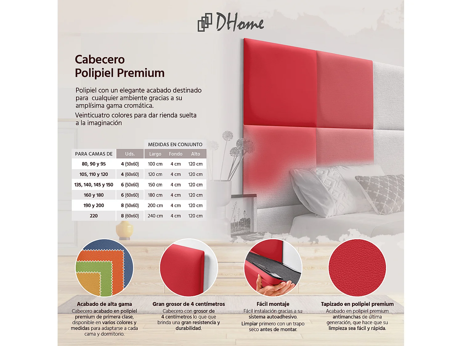 DHOME Premium-Kopfteil mit Kunstlederbezug, aus austauschbaren, selbstklebenden Paneelen, luxuriös gepolstertes Schlafzimmer (rot, 140 cm)