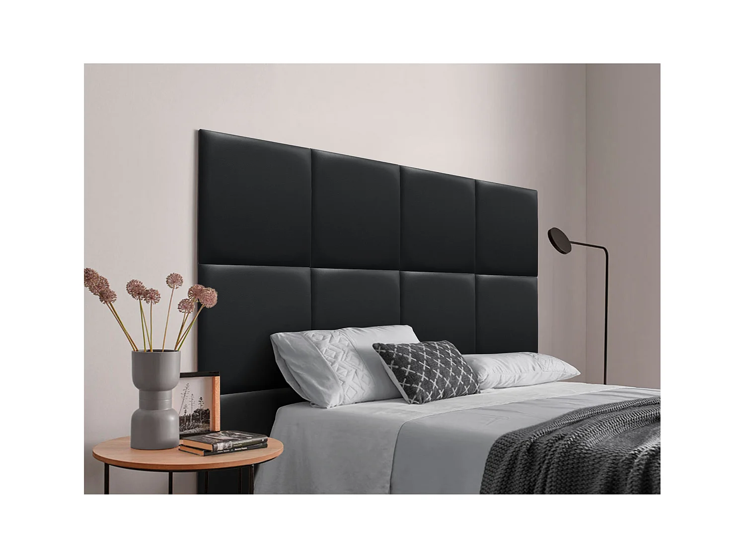 DHOME Cabeceira estofada em couro sintético  premium composta por painéis autoadesivos intercambiáveis ​​Quarto de luxo  (preto, 90 cm)