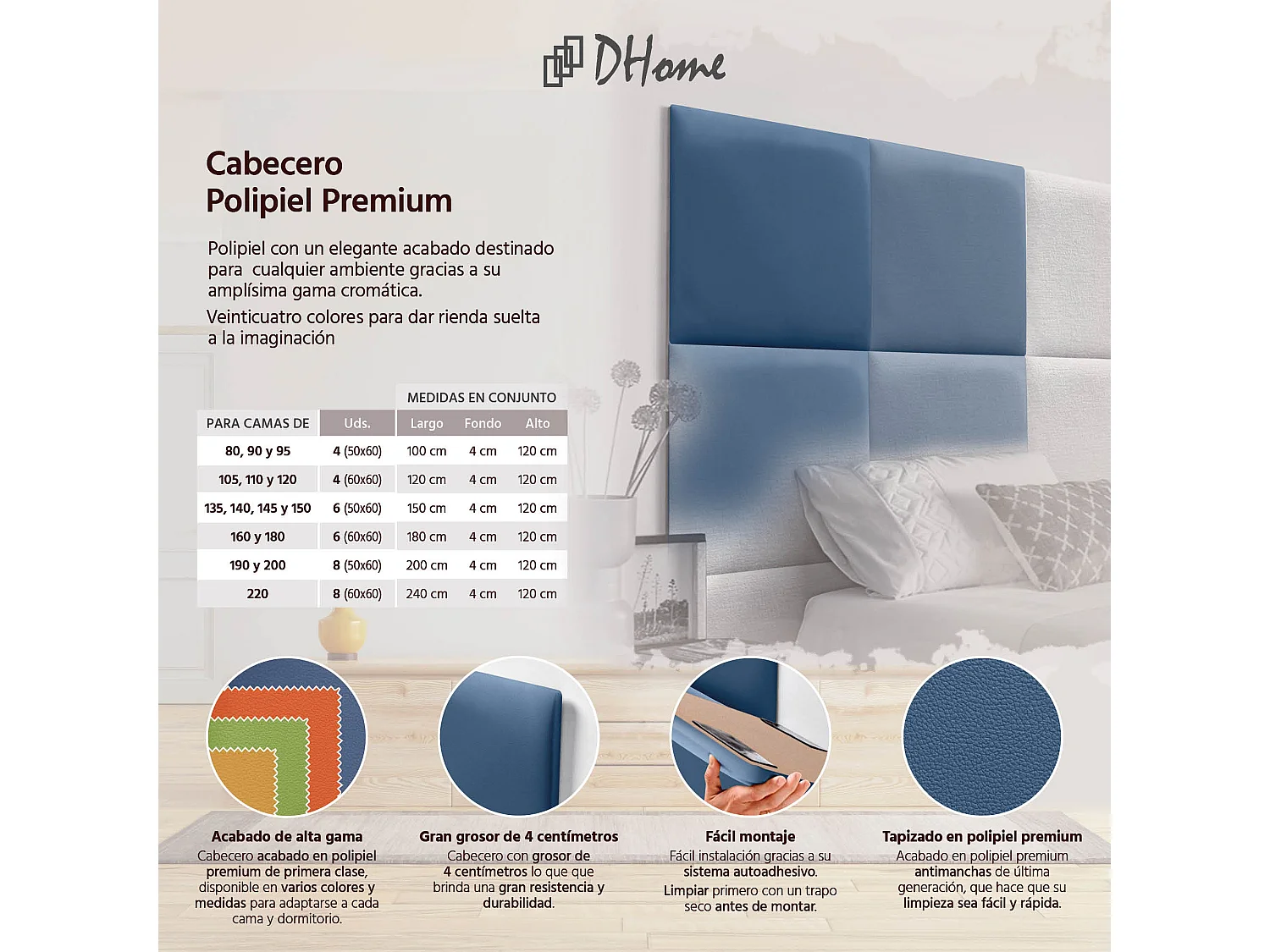 DHOME Tête de lit capitonnée en similicuir de qualité supérieure composée de panneaux autocollants interchangeables  (bleu, 200 cm)