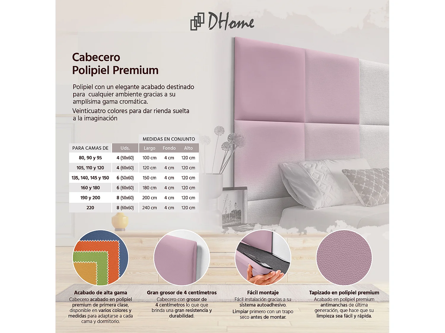 DHOME Premium-Kopfteil mit Kunstlederbezug, aus austauschbaren, selbstklebenden Paneelen, luxuriös gepolstertes Schlafzimmer (Rosa, 80 cm)