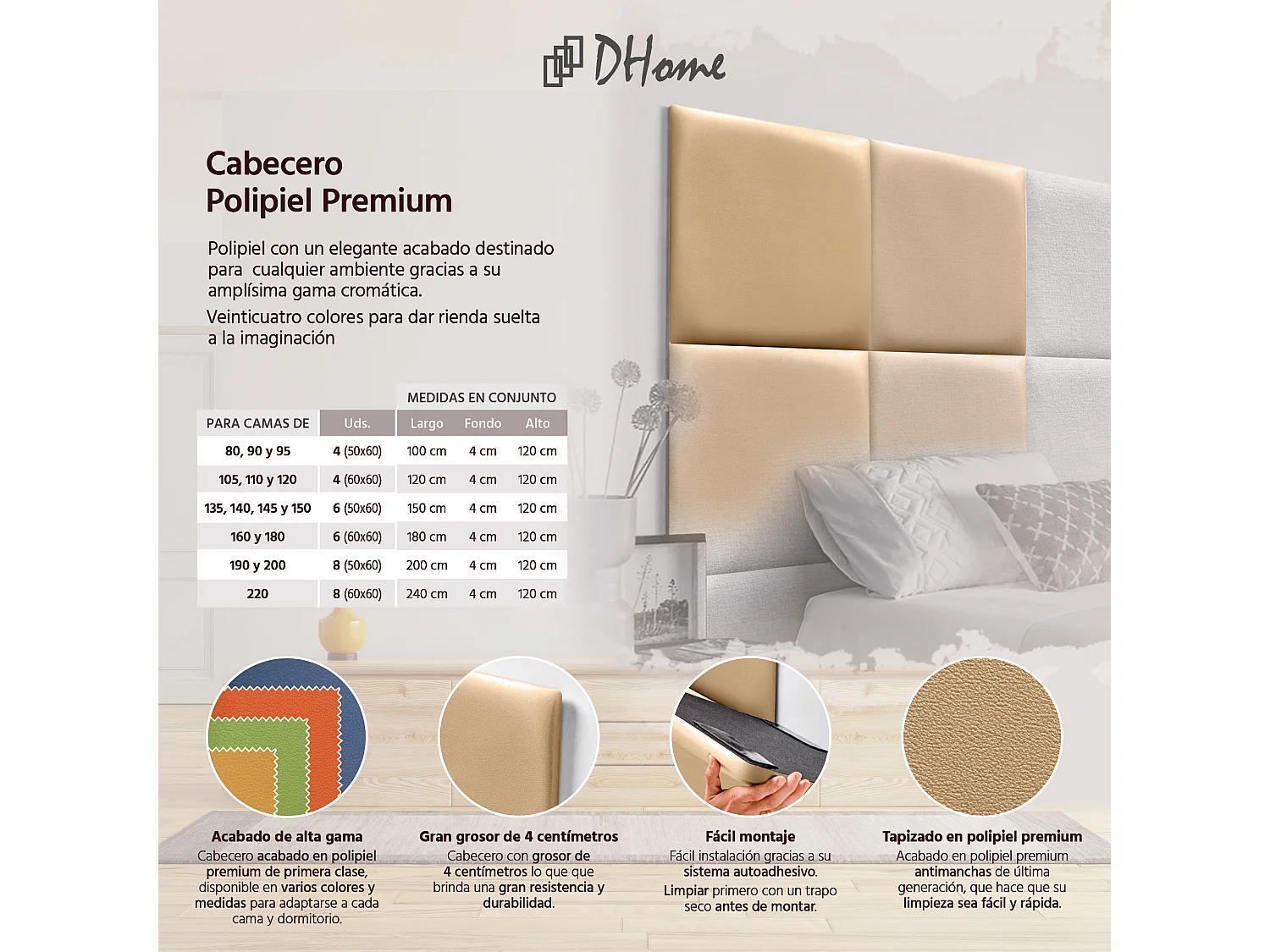 DHOME Premium-Kopfteil mit Kunstlederbezug, aus austauschbaren, selbstklebenden Paneelen, luxuriös gepolstertes Schlafzimmer (Champagner, 140 cm)