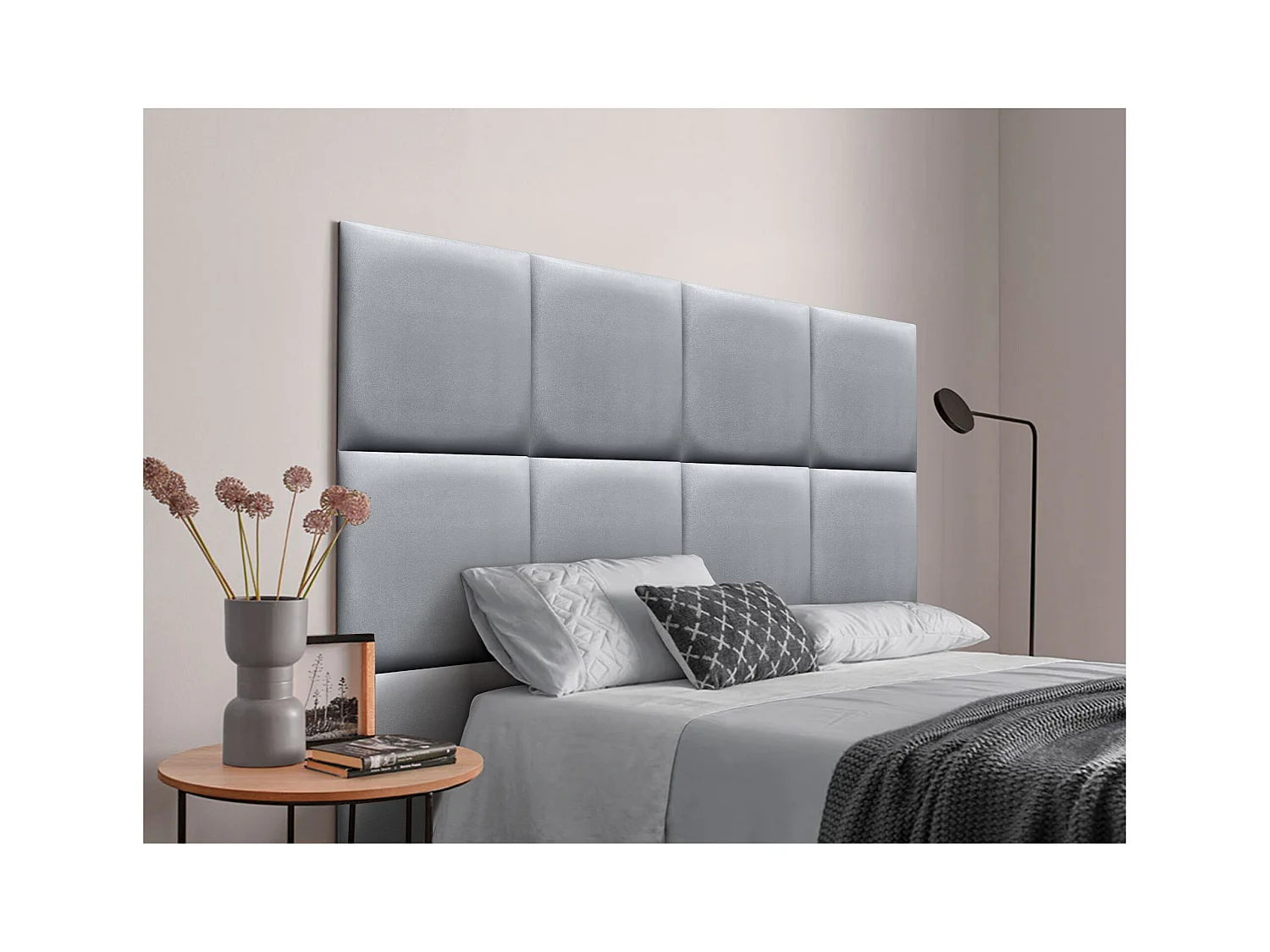 DHOME Tête de lit capitonnée en similicuir de qualité supérieure composée de panneaux autocollants interchangeables  (argent, 105 cm)