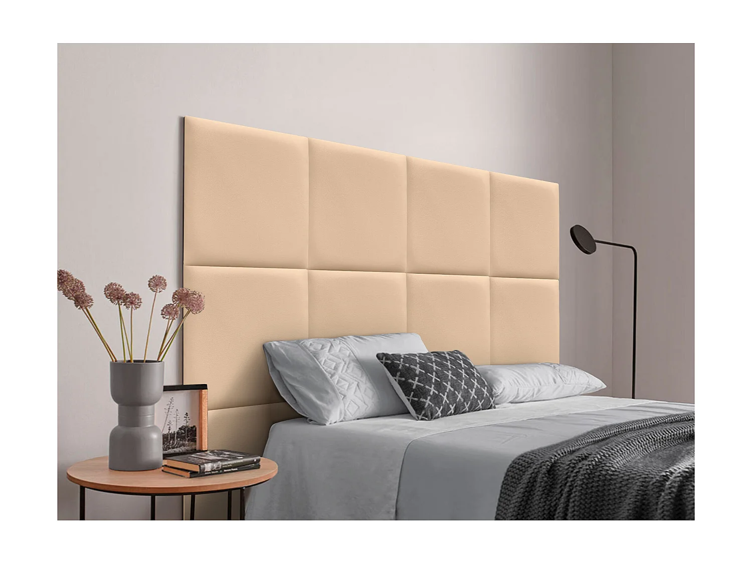 DHOME Premium Kunstlederen Hoofdbord Gemaakt van Verwisselbare Zelfklevende Panelen Luxe Gewatteerde Slaapkamer (Beige, 145cm)