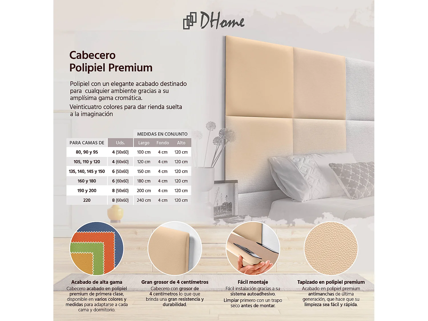 DHOME Tête de lit capitonnée en similicuir de qualité supérieure composée de panneaux autocollants interchangeables  (beige, 145 cm)