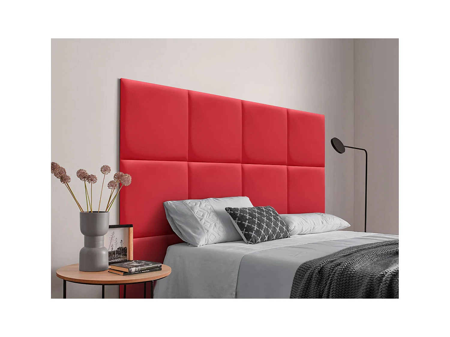 DHOME Tête de lit capitonnée en similicuir de qualité supérieure composée de panneaux autocollants interchangeables  (rouge, 150 cm)