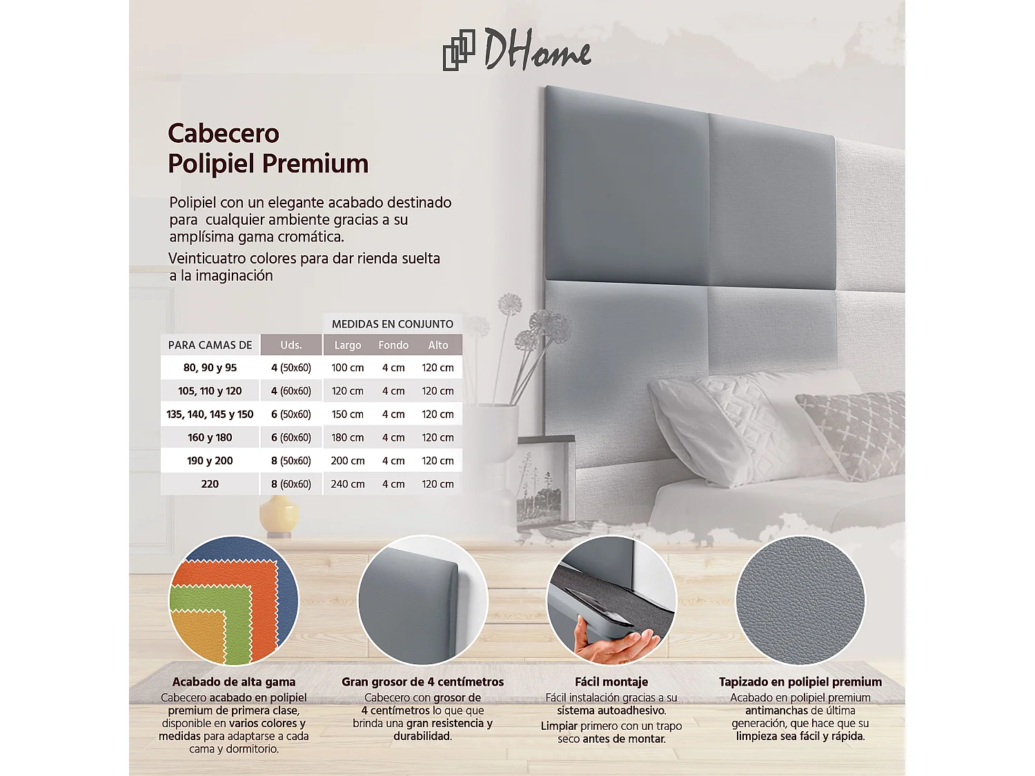 DHOME Premium-Kopfteil mit Kunstlederbezug, aus austauschbaren, selbstklebenden Paneelen, luxuriös gepolstertes Schlafzimmer (grau, 120 cm)