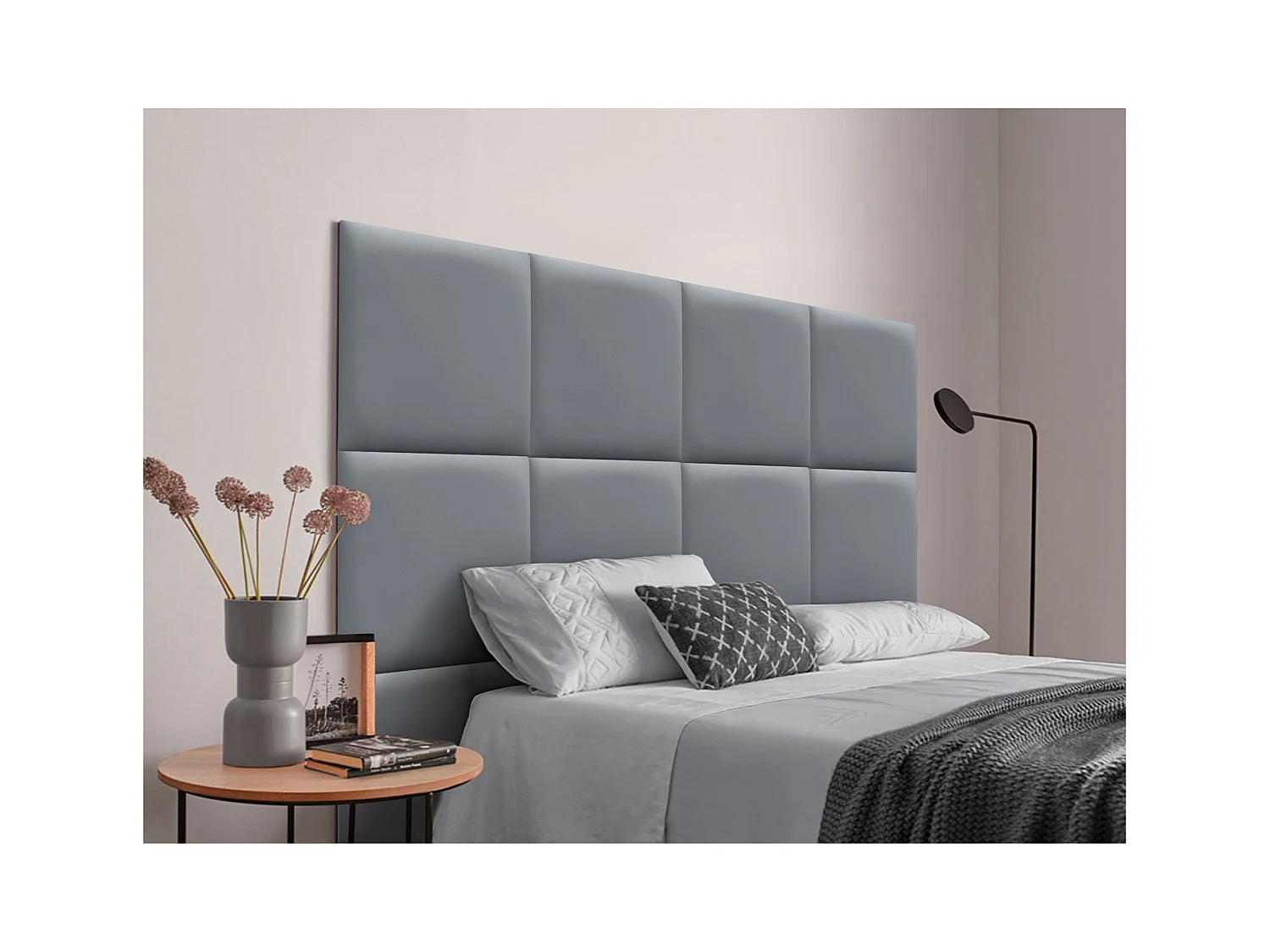 DHOME Tête de lit capitonnée en similicuir de qualité supérieure composée de panneaux autocollants interchangeables  (gris, 120 cm)