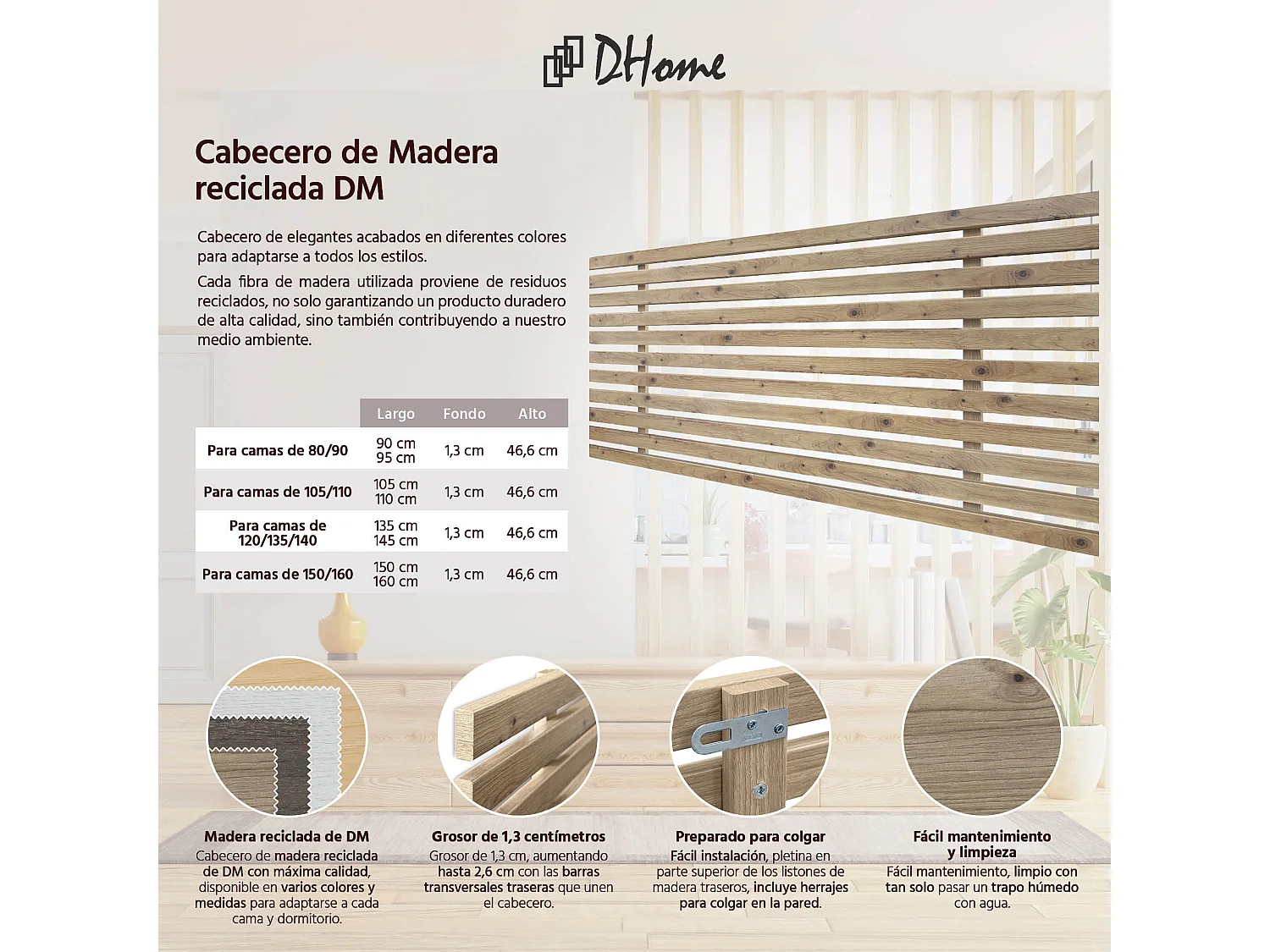 DHOME Tête de lit en bois recyclé DM style palette verticale 150x46cm Lits 150/160 - Pointes Grises