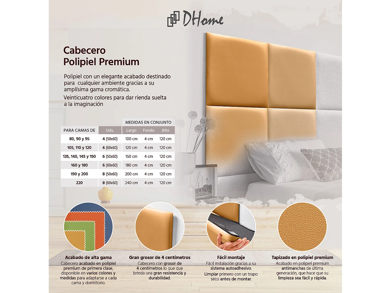 DHOME Premium-Kopfteil mit Kunstlederbezug, aus austauschbaren, selbstklebenden Paneelen, luxuriös gepolstertes Schlafzimmer (Gold, 180 cm)