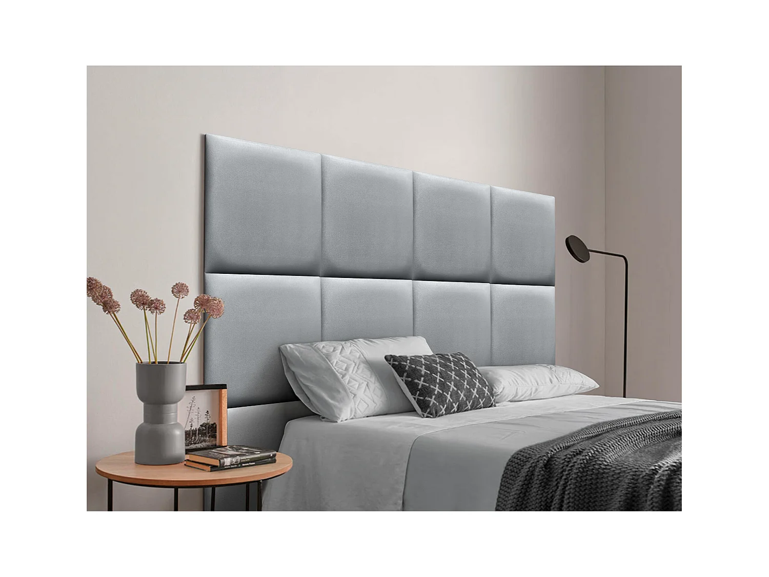 DHOME Tête de lit capitonnée en similicuir de qualité supérieure composée de panneaux autocollants interchangeables  (argent, 220 cm)