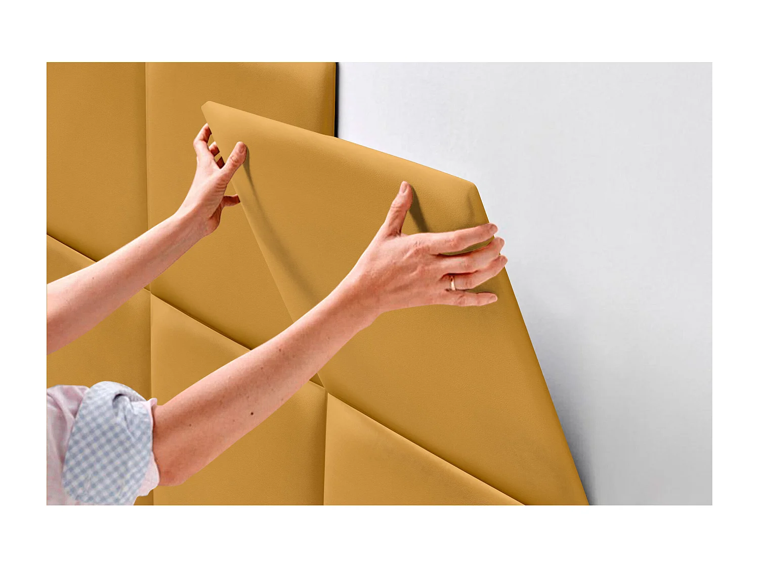 DHOME Premium-Kopfteil mit Kunstlederbezug, aus austauschbaren, selbstklebenden Paneelen, luxuriös gepolstertes Schlafzimmer (Senfgelb, 135 cm)