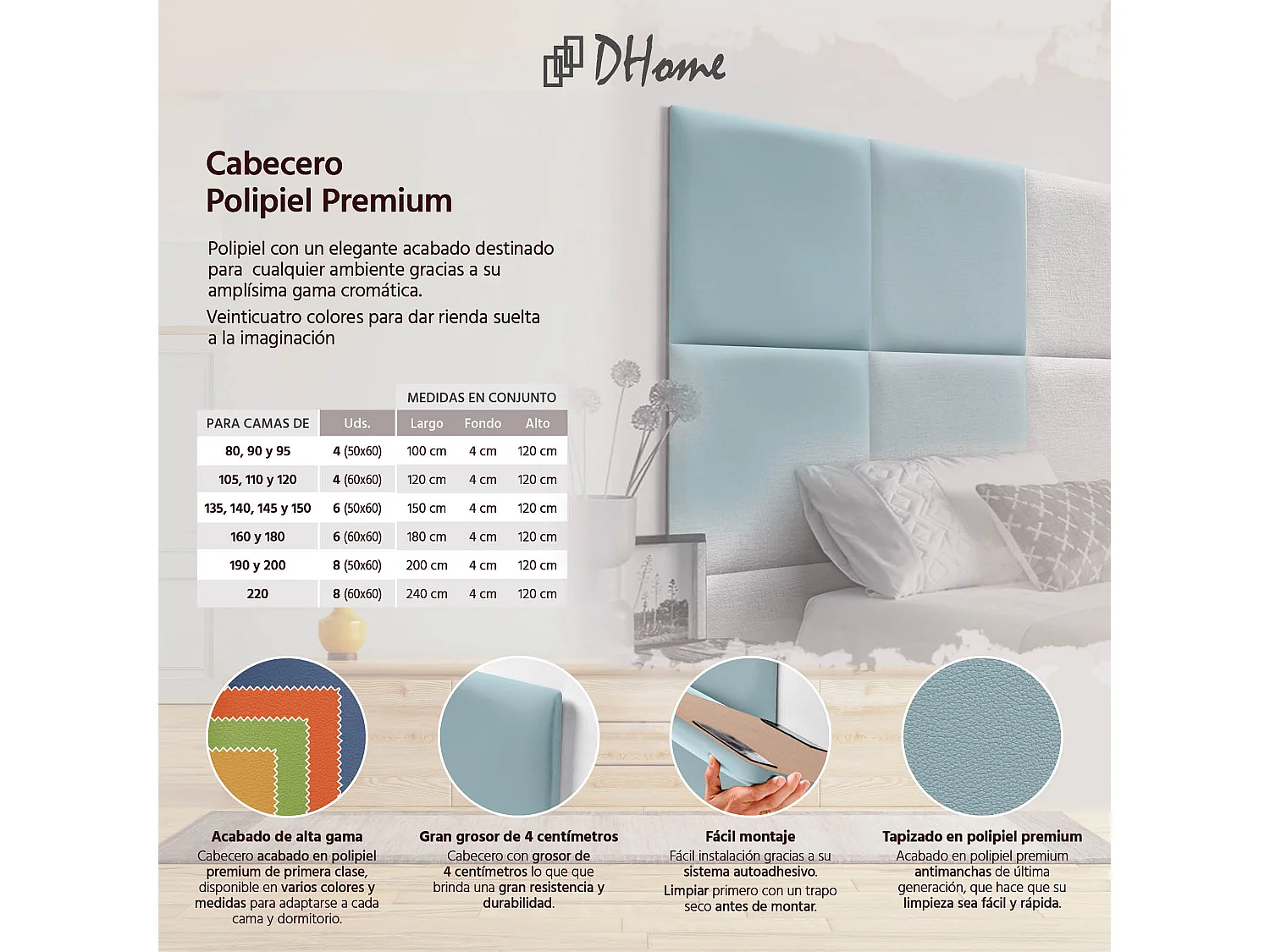 DHOME Tête de lit capitonnée en similicuir de qualité supérieure composée de panneaux autocollants interchangeables (bleu clair, 110 cm)