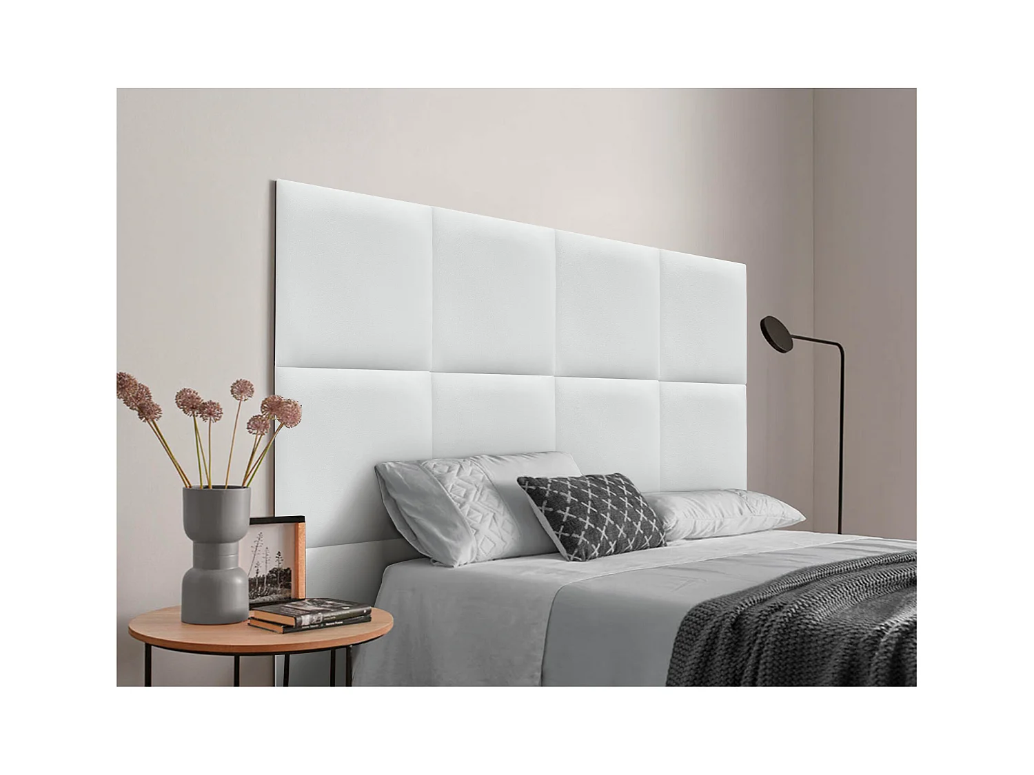 DHOME Tête de lit capitonnée en similicuir de qualité supérieure composée de panneaux autocollants interchangeables  (blanc, 220 cm)