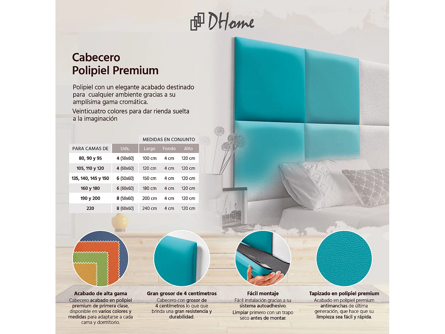 DHOME Tête de lit capitonnée en similicuir de qualité supérieure composée de panneaux autocollants interchangeables  (turquoise, 105 cm)