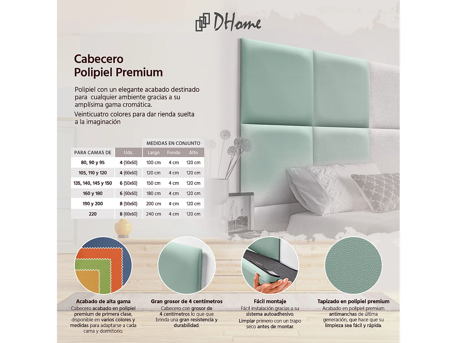 DHOME Tête de lit capitonnée en similicuir de qualité supérieure composée de panneaux autocollants interchangeables  (vert aqua, 180 cm)