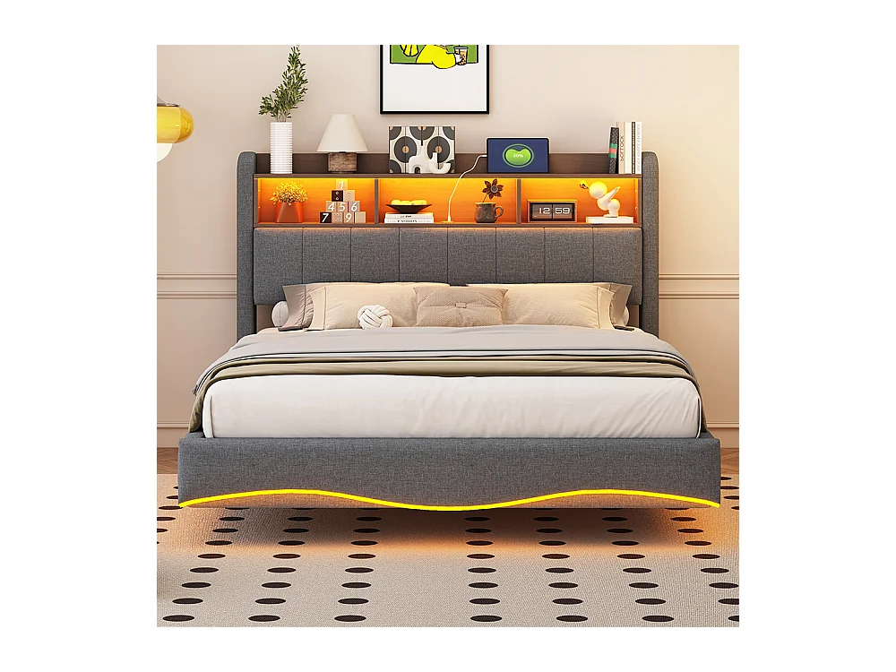 Lit rembourré 140*200 en design suspendu, tissu lin, avec lumières LED, ports USB et TYPE-C, gris