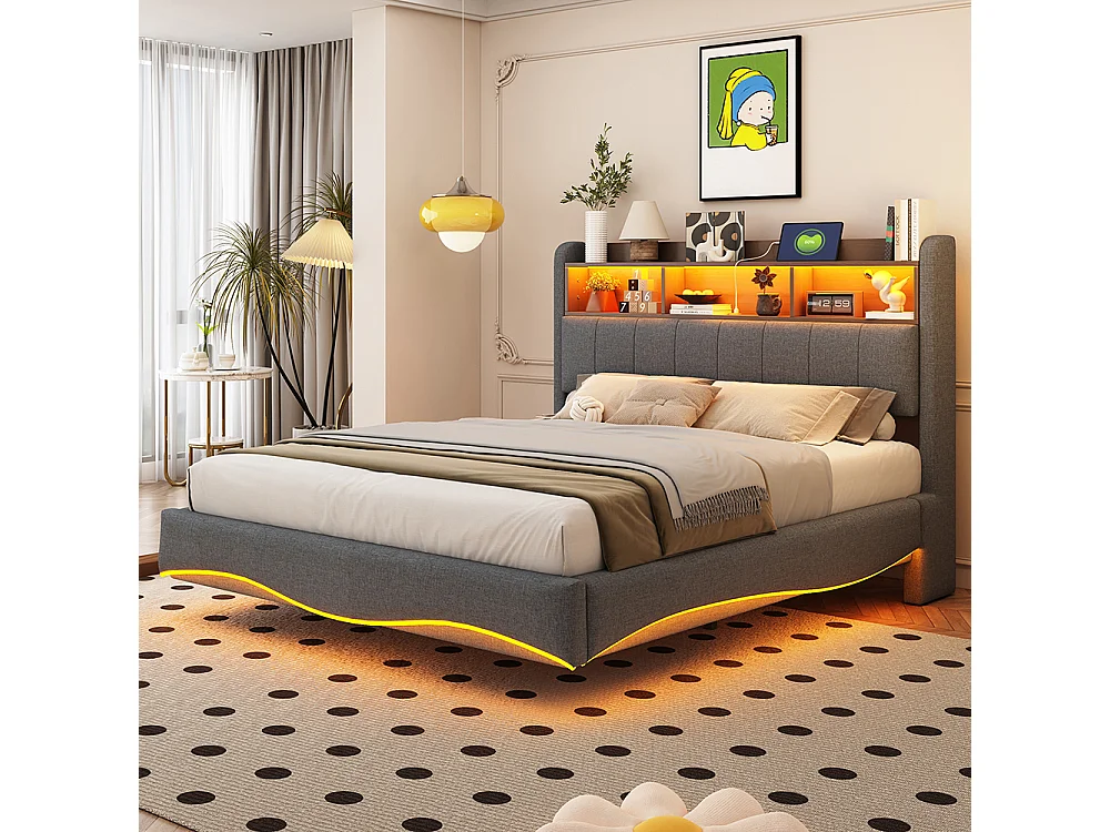 Lit rembourré 140*200 en design suspendu, tissu lin, avec lumières LED, ports USB et TYPE-C, gris