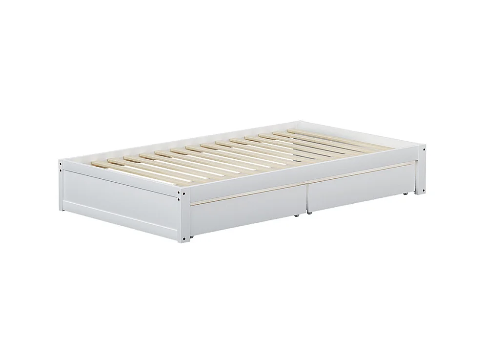 Kinderbett aus Massivholz 90x200 mit 2 Schubladen und Lattenrost in moderner Holzoptik mit weißer Basis.