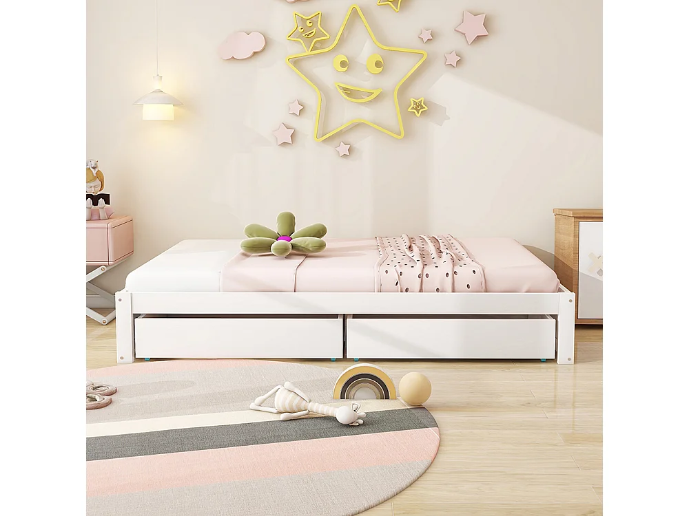 Kinderbett aus Massivholz 90x200 mit 2 Schubladen und Lattenrost in moderner Holzoptik mit weißer Basis.