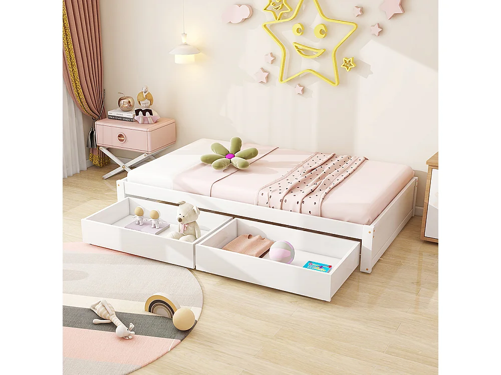 Kinderbett aus Massivholz 90x200 mit 2 Schubladen und Lattenrost in moderner Holzoptik mit weißer Basis.