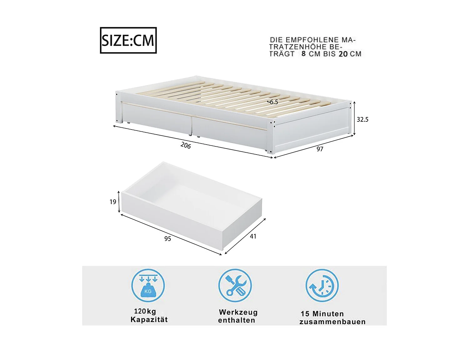 Kinderbett aus Massivholz 90x200 mit 2 Schubladen und Lattenrost in moderner Holzoptik mit weißer Basis.