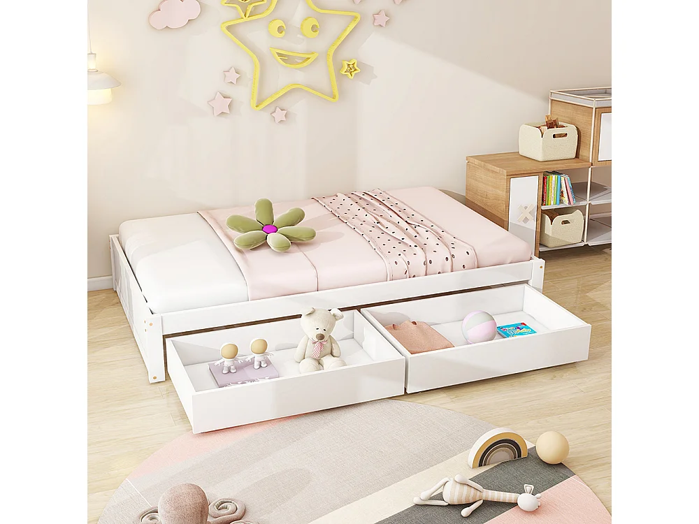 Kinderbett aus Massivholz 90x200 mit 2 Schubladen und Lattenrost in moderner Holzoptik mit weißer Basis.