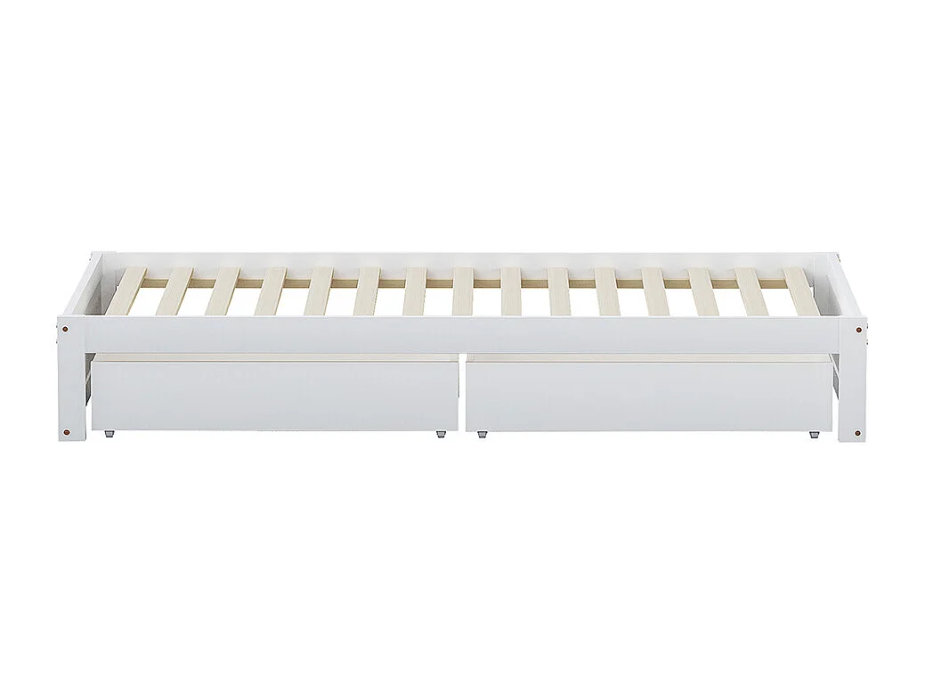 Kinderbett aus Massivholz 90x200 mit 2 Schubladen und Lattenrost in moderner Holzoptik mit weißer Basis.