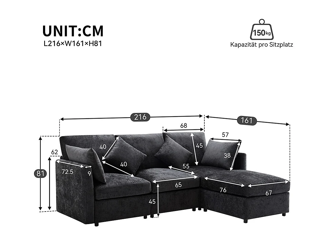 Sofá de canto em forma de L, design moderno, sofá em tecido chenille, sofá de três lugares, escabelo, cinzento