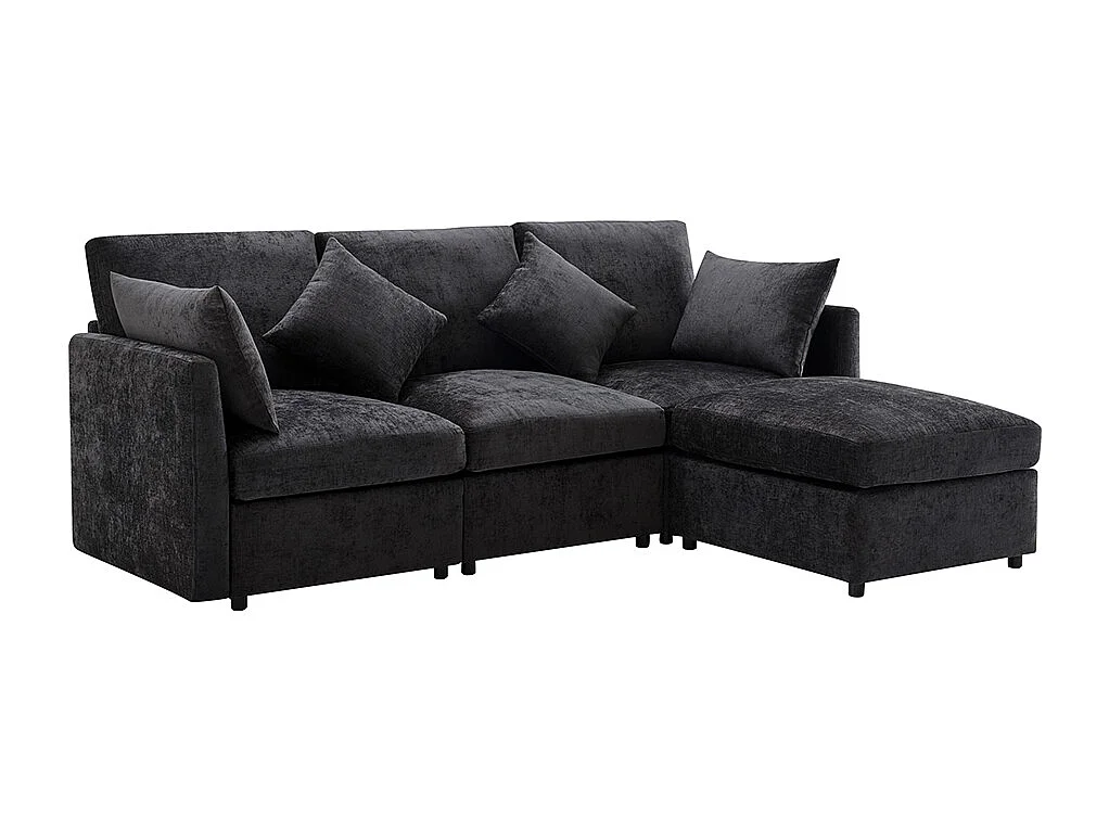 Sofá de canto em forma de L, design moderno, sofá em tecido chenille, sofá de três lugares, escabelo, cinzento