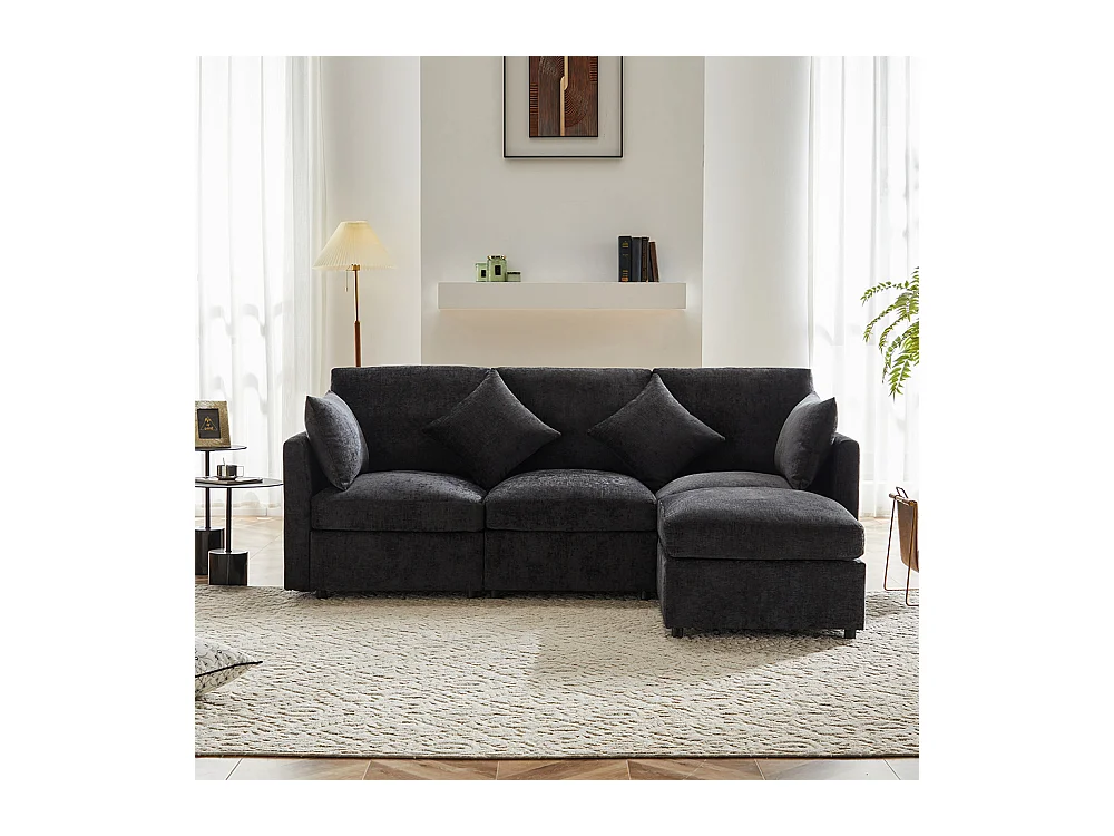 Canapé d'angle en L, design moderne, canapé en tissu chenille, canapé trois places, pouf, gris
