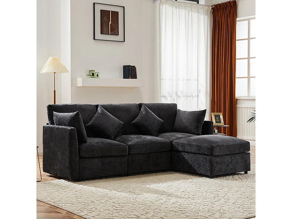 Canapé d'angle en L, design moderne, canapé en tissu chenille, canapé trois places, pouf, gris