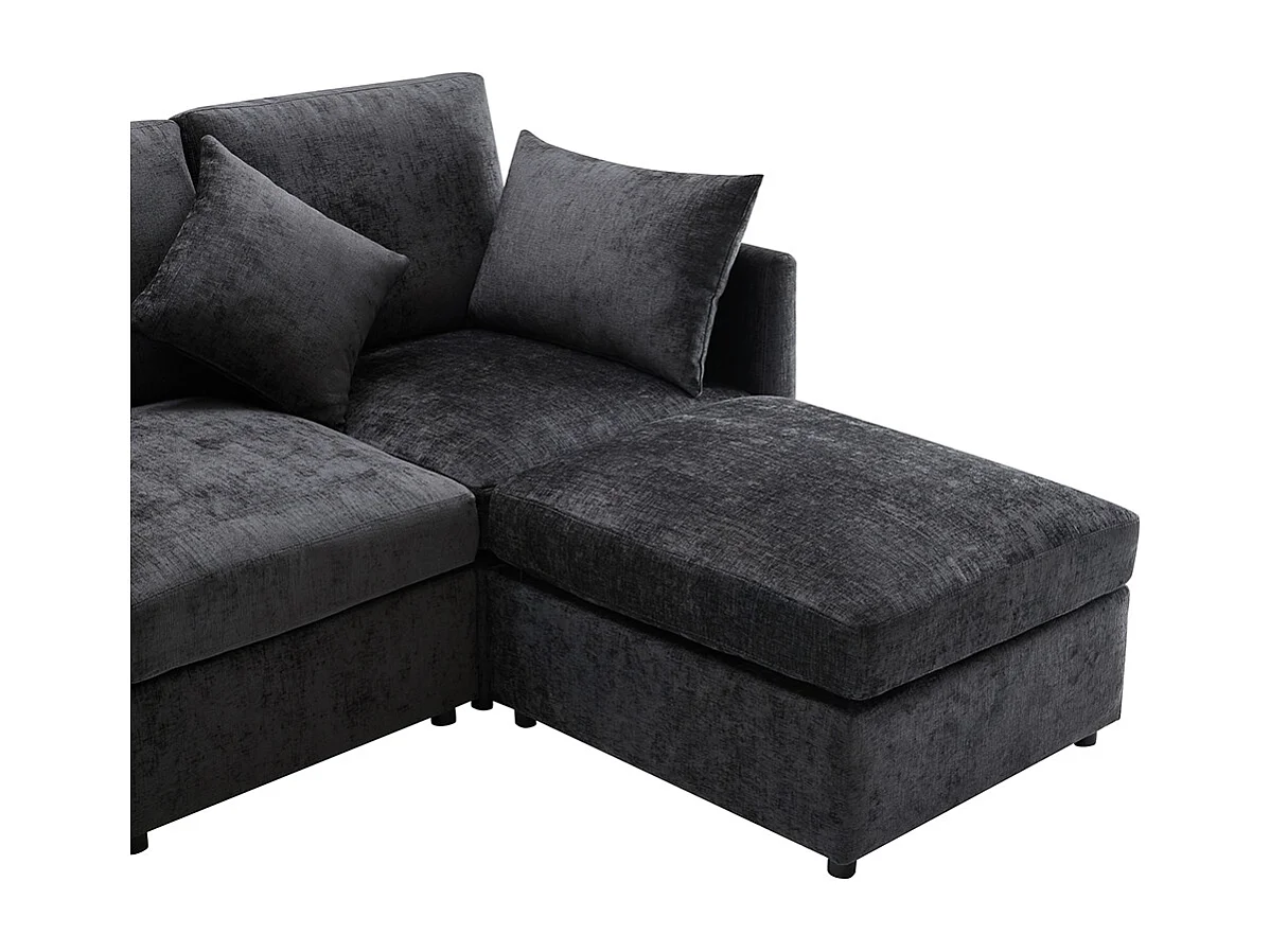 Canapé d'angle en L, design moderne, canapé en tissu chenille, canapé trois places, pouf, gris