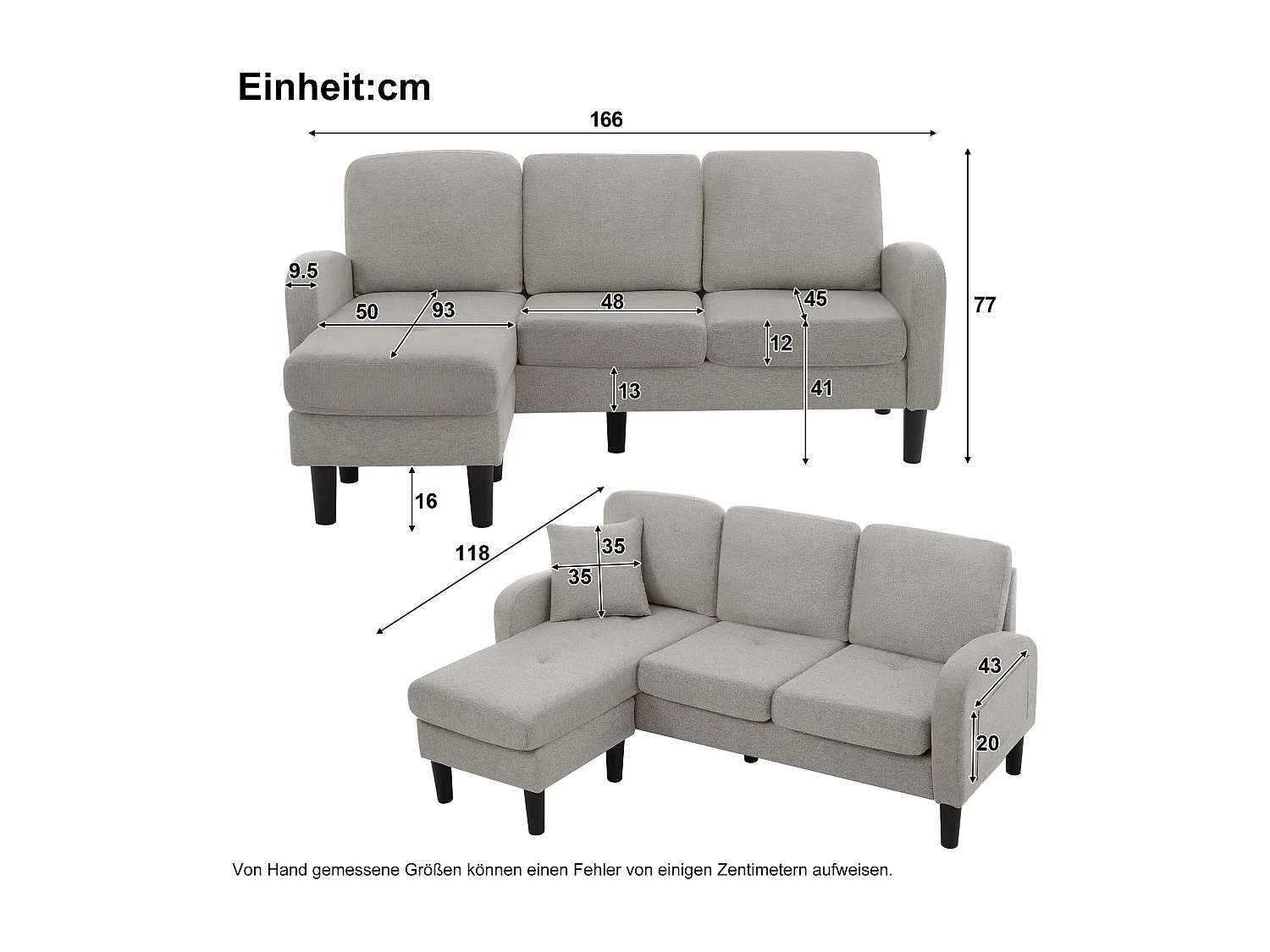 Canapé d'angle en forme de L, 166 x 118 x 77 cm, tissu en coton respirant, pieds en plastique, design modulaire,gris