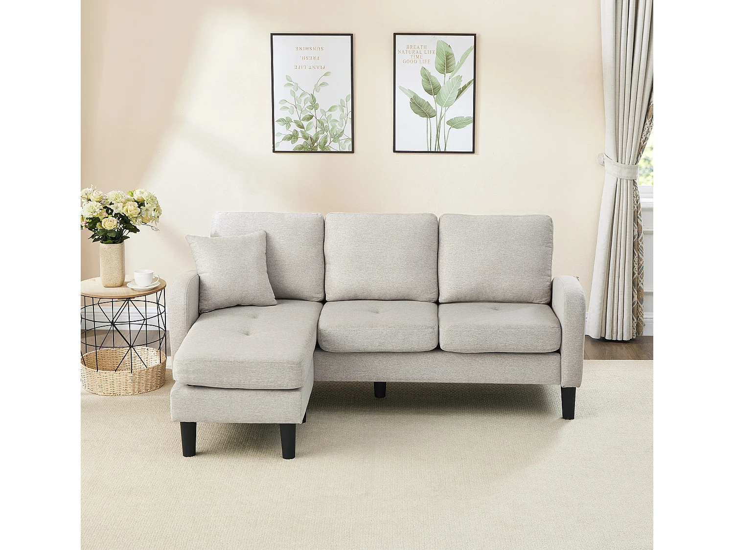 Canapé d'angle en L avec méridienne — Canapé 3 places, dimensions : 166 x 118 x 77 cm, tissu en coton et lin respirant, pieds en plastique，Beige Gris