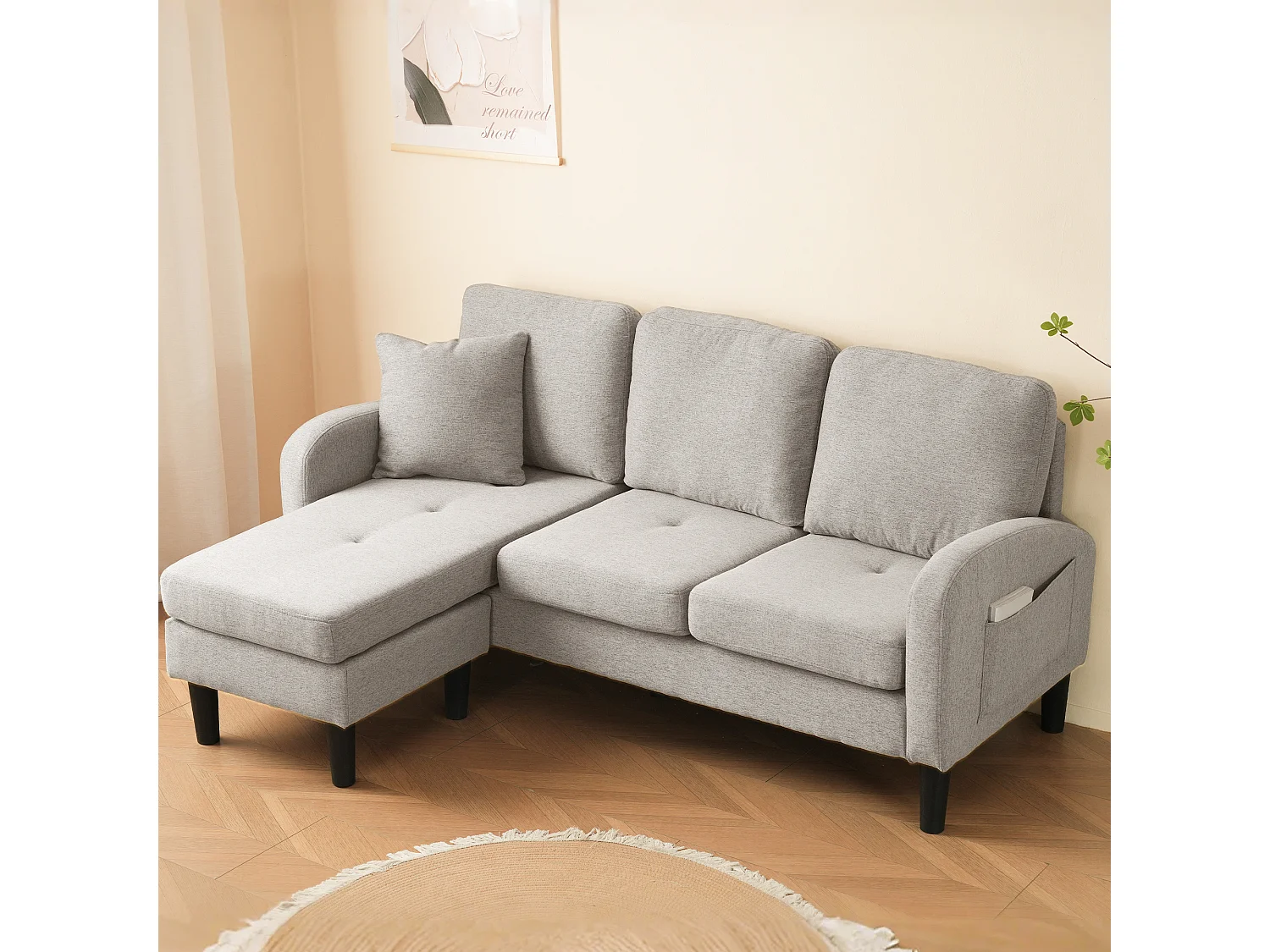 Canapé d'angle en L avec méridienne — Canapé 3 places, dimensions : 166 x 118 x 77 cm, tissu en coton et lin respirant, pieds en plastique，Beige Gris