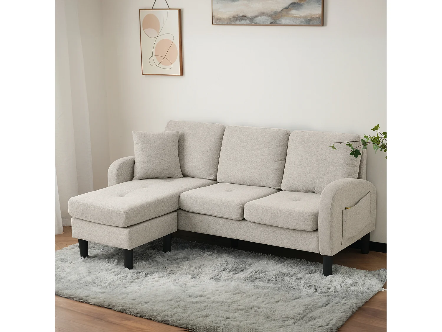 Canapé d'angle en L avec méridienne — Canapé 3 places, dimensions : 166 x 118 x 77 cm, tissu en coton et lin respirant, pieds en plastique，Beige Gris