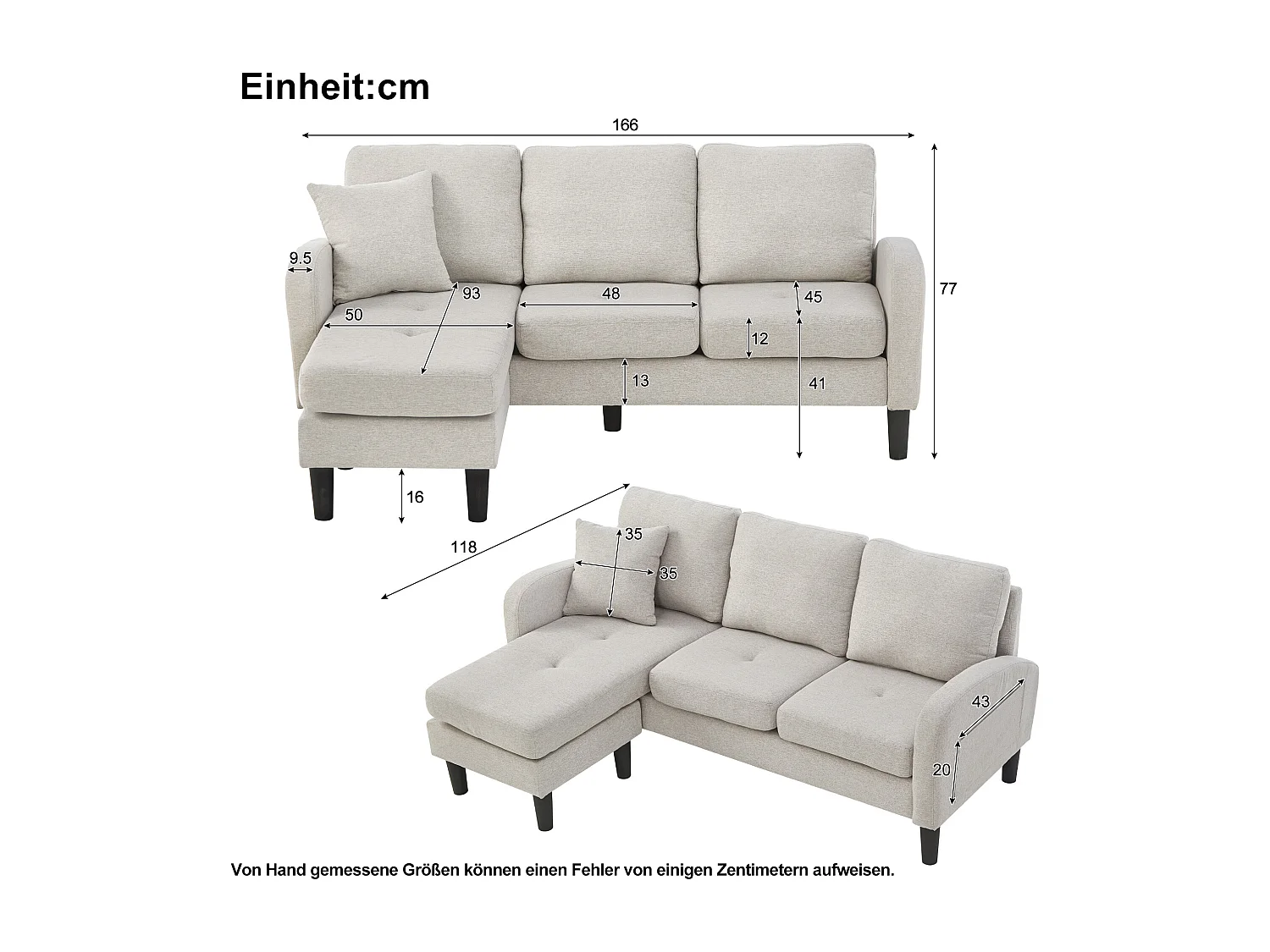 Canapé d'angle en L avec méridienne — Canapé 3 places, dimensions : 166 x 118 x 77 cm, tissu en coton et lin respirant, pieds en plastique，Beige Gris