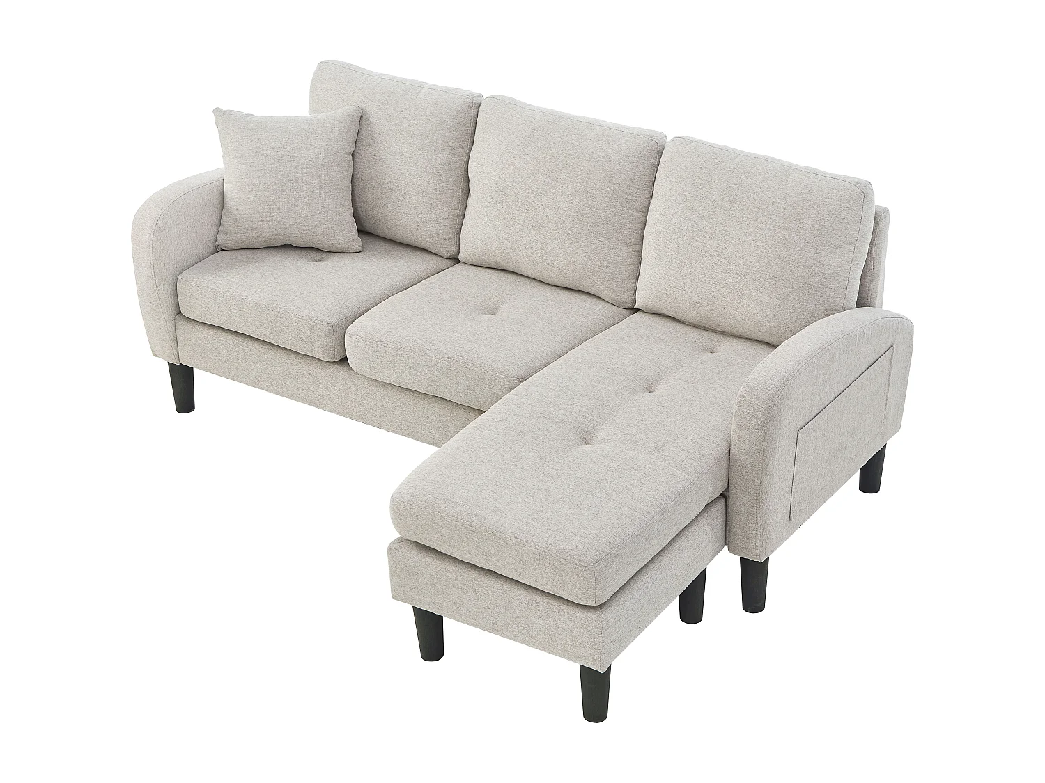 Canapé d'angle en L avec méridienne — Canapé 3 places, dimensions : 166 x 118 x 77 cm, tissu en coton et lin respirant, pieds en plastique，Beige Gris