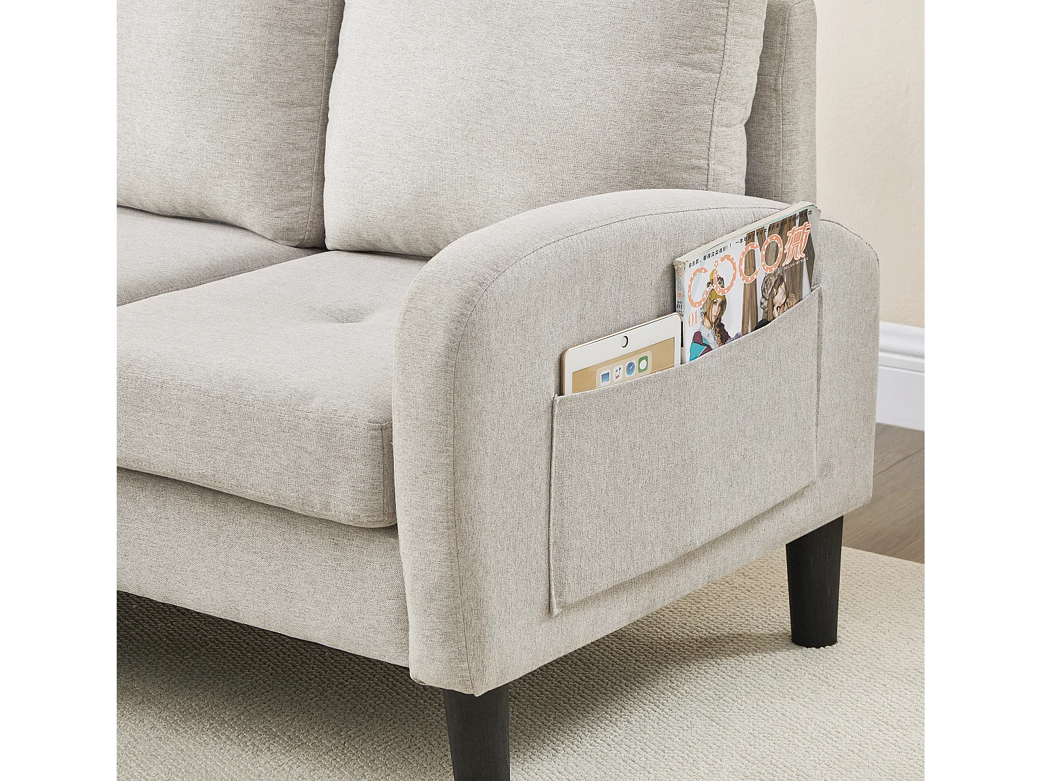 Canapé d'angle en L avec méridienne — Canapé 3 places, dimensions : 166 x 118 x 77 cm, tissu en coton et lin respirant, pieds en plastique，Beige Gris