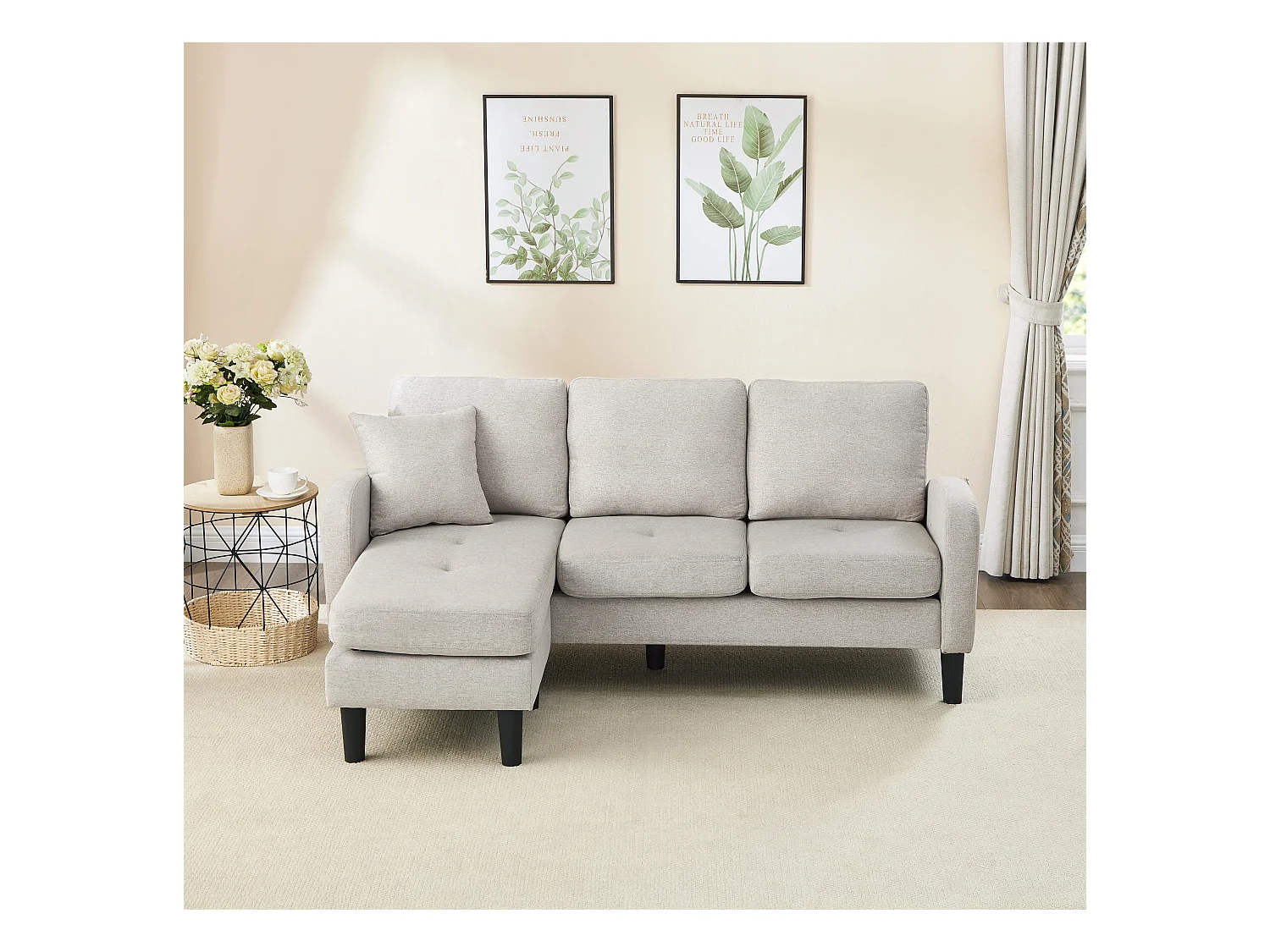 Sofá de canto em L com chaise longue – sofá de três lugares, 166 x 118 x 77 cm, tecido respirável de mistura de algodão e linho