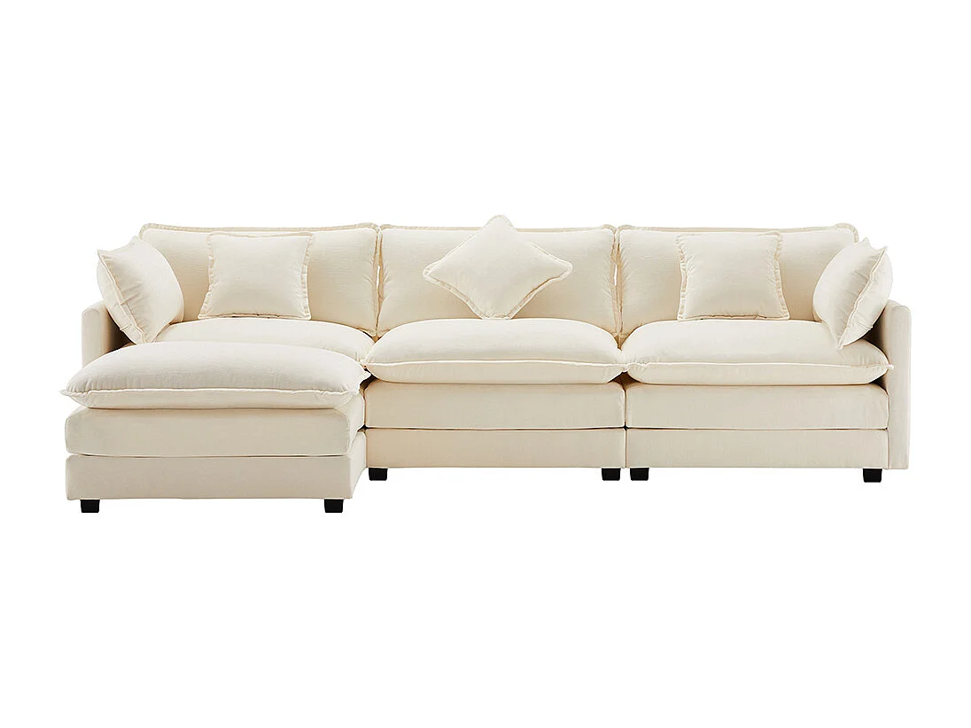 Design moderne, canapé d'angle en L, tissu chenille, canapé trois places avec repose-pieds, beige