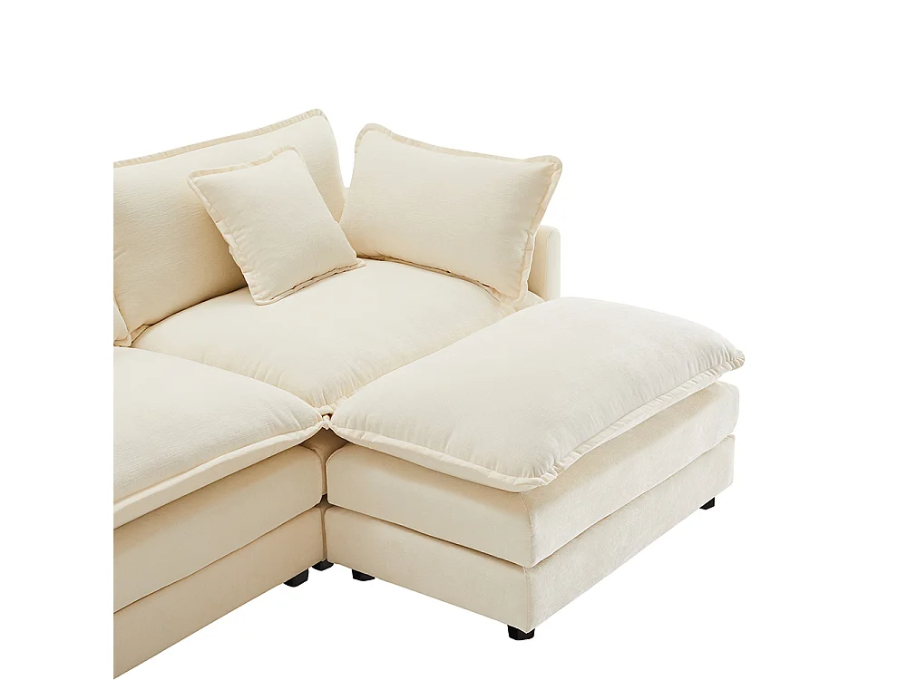 Design moderne, canapé d'angle en L, tissu chenille, canapé trois places avec repose-pieds, beige